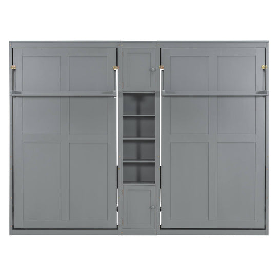 Dual Twin Size Wall Murphy Beds with Cabinets and Shelves, Space-Saving Design