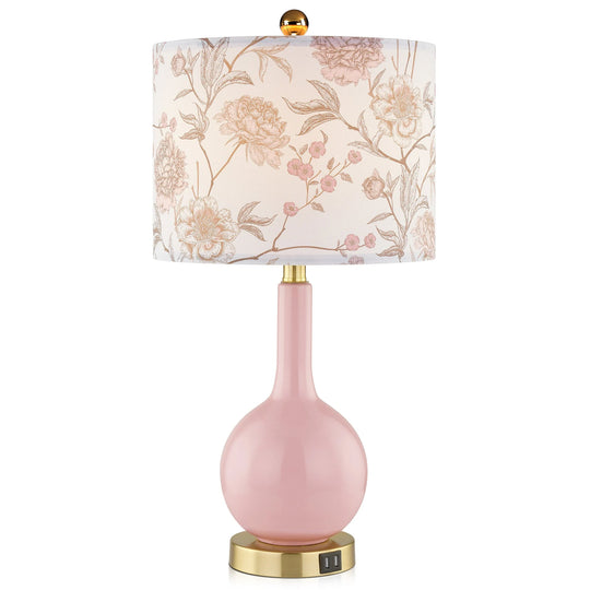 Pink Ceramic Table Lamp with Dimmable Touch Control and Dual USB Charging Ports