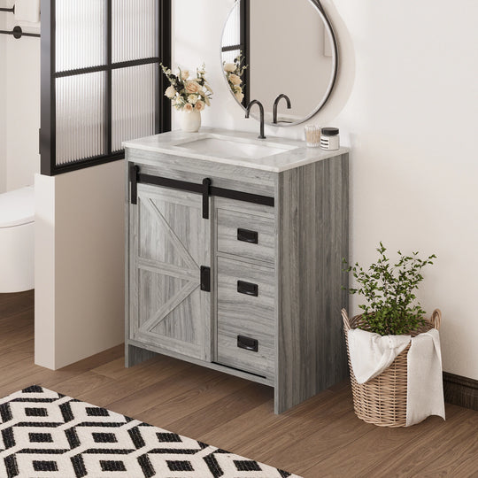 Farmhouse Bathroom Vanity with Ceramic Top and Sliding Barn Door Sink Cabinet, Rustic Single Sink Vanity