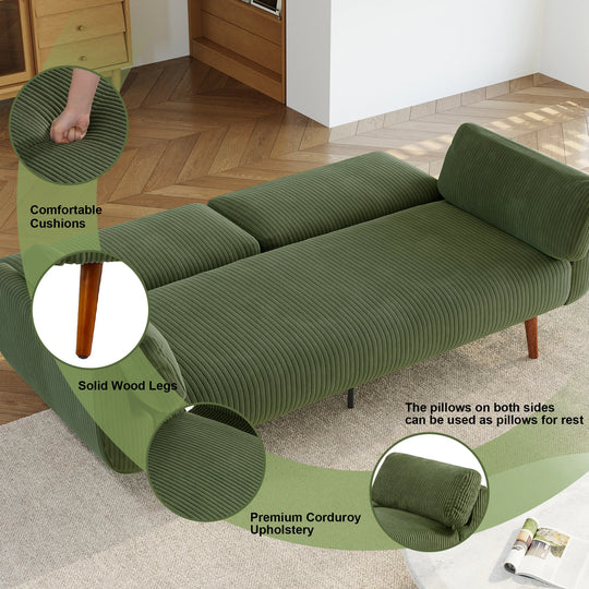 73" W Upholstered Corduroy Convertible Sleeper Sofa Bed with Pillows