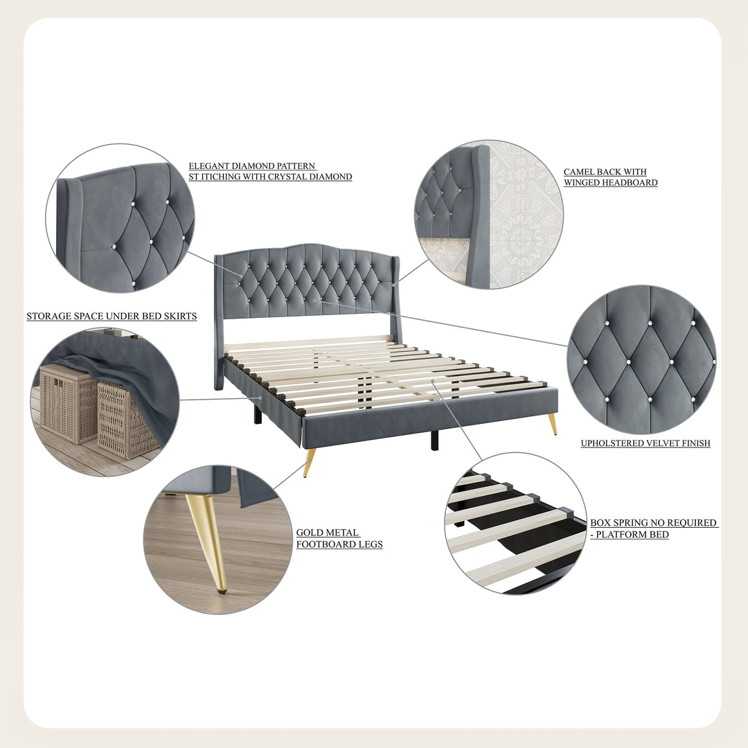 Velvet Diamond Button Tufted Upholstered Platform Bed