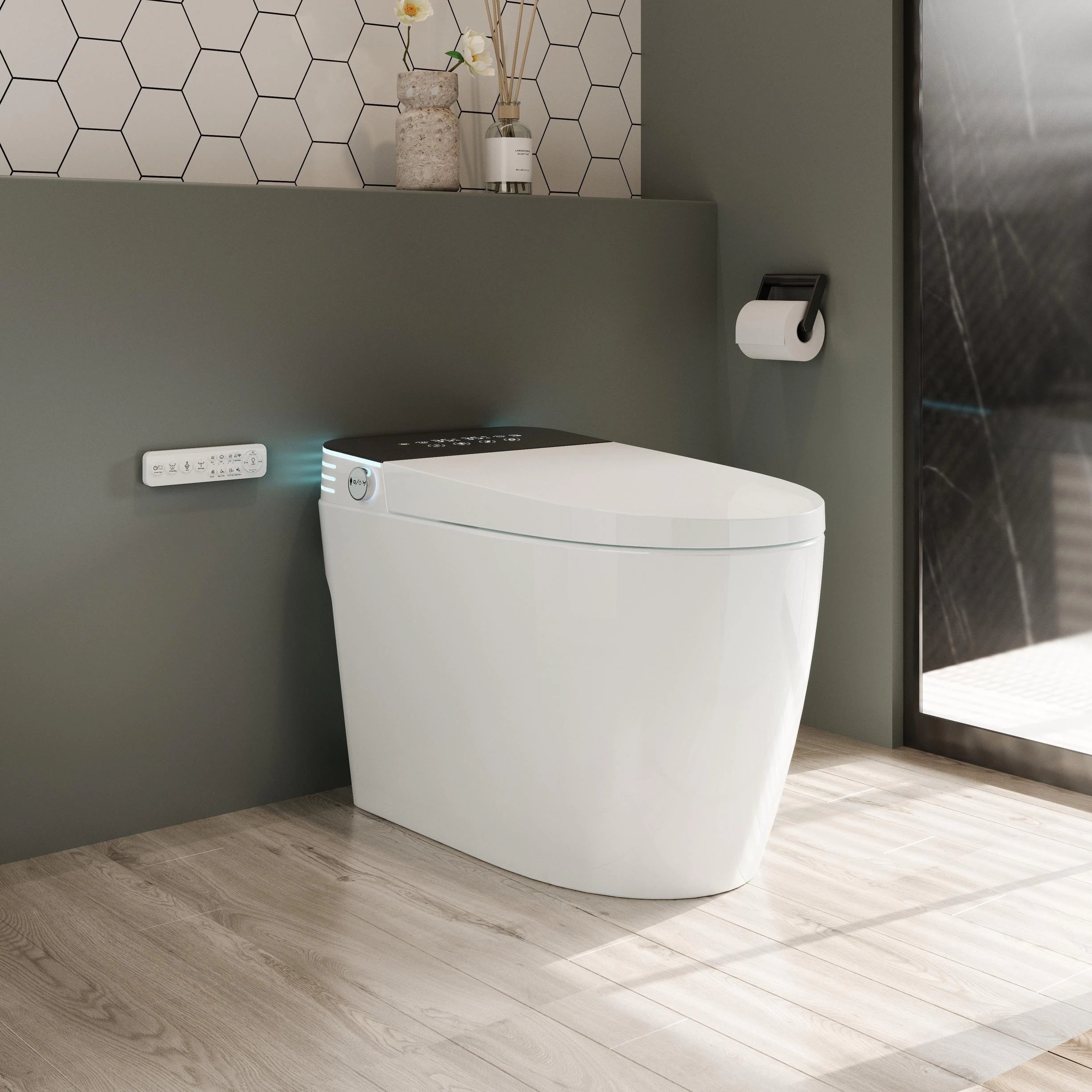 ABRUZZO Smart Bidet Toilet Auto Flush, Heated Seat, Warm Water, Dryer, Remote Control, Panel Black / White Options