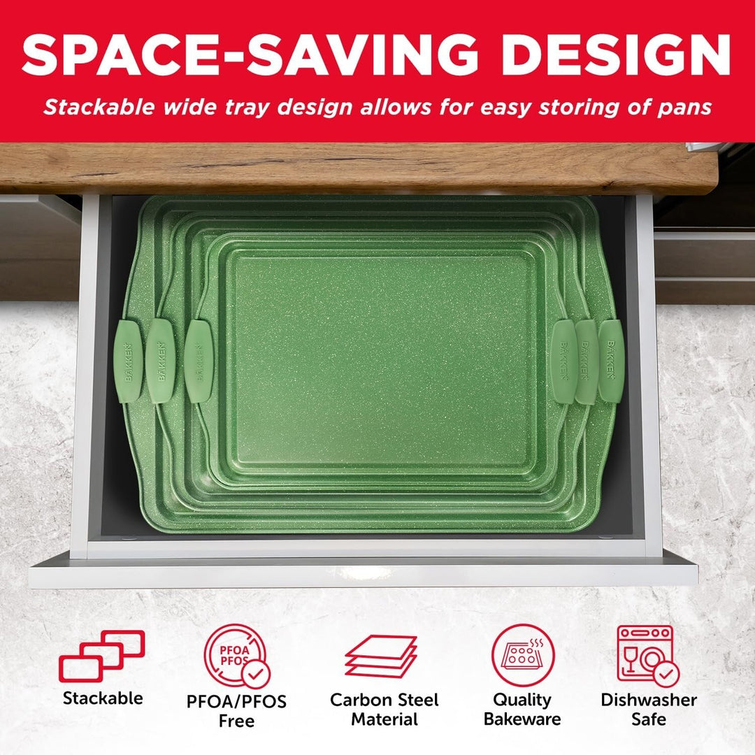 BAKKEN Kitchen Baking Pan Set - Nonstick Green Marble Coating, Carbon Steel Bakeware Sets with Green Silicone Handles,