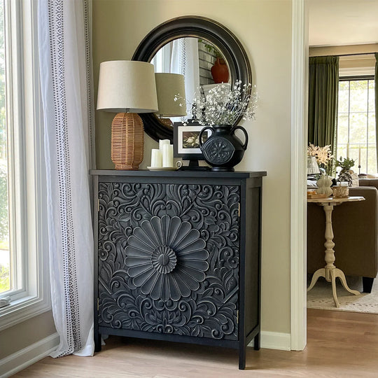Vintage 2-Door Black Flower Carving Handle Distressed Storage Cabinet