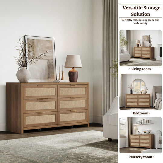 Elegant Right Angled Dresser with 6 Rattan Woven Drawers