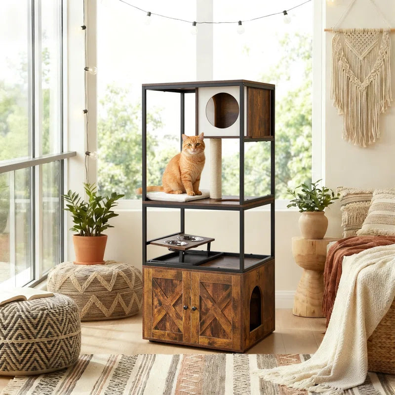 Kimmel 58" Cat Condo with Litter Box Enclosure and Elevated Bowls