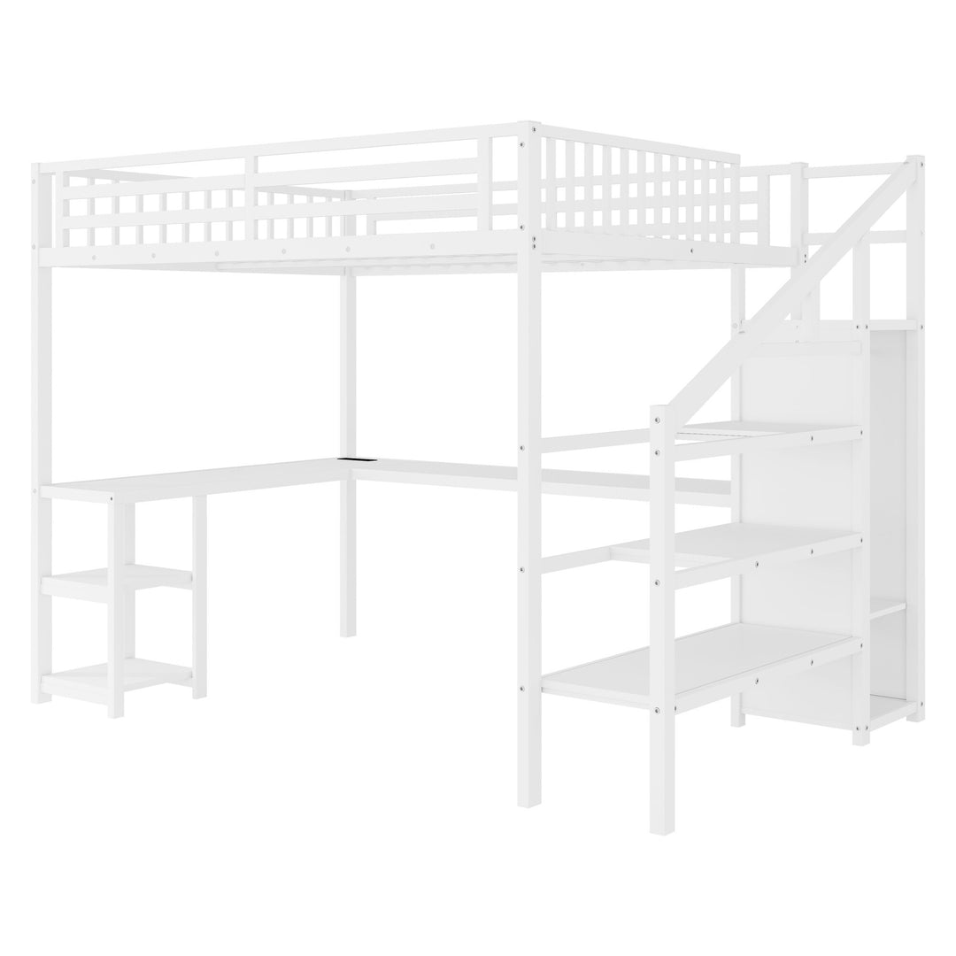Metal Queen Loft Bed W/ Wardrobe & LED Light L Shaped Desk USB for Kids Teens Adults - White