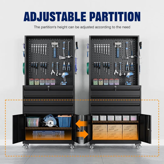 Metal Garage Storage Cabinet with Wheels,3-Drawer Rolling Tool Cabinet with 2 Door and Adjustable Shelves,- 71" Steel Tool Cabinet for Warehouse,Garage,Workshop