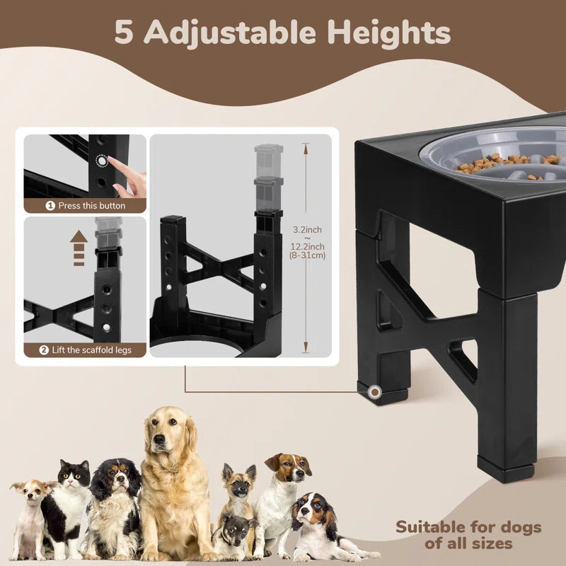 Elevated Dog Bowls, Dog Feeder with Stainless Steel Bowl & Slow Feeder Dog Bowl, 5 Heights Adjustable Raised Dog Bowls Stand