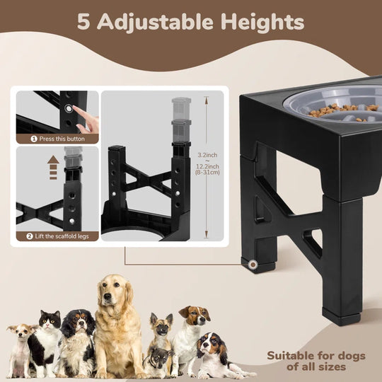 Elevated Dog Bowls, Dog Feeder with Stainless Steel Bowl & Slow Feeder Dog Bowl, 5 Heights Adjustable Raised Dog Bowls Stand