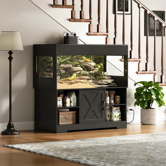 Reptile Tank with Stand, Terrarium Tank with Storage Cabinet, for Lizards, Skinks, Snakes, Sliding Acrylic Doors, Mesh Top, Built-In Power Outlet Px02Rtw