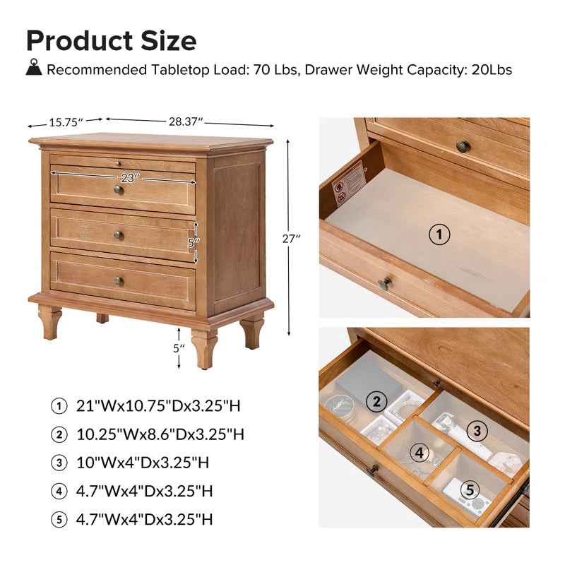 Arthelia Traditional 28.37''W 3-Drawer End Table with Charging Station and Pull-Out Shelf