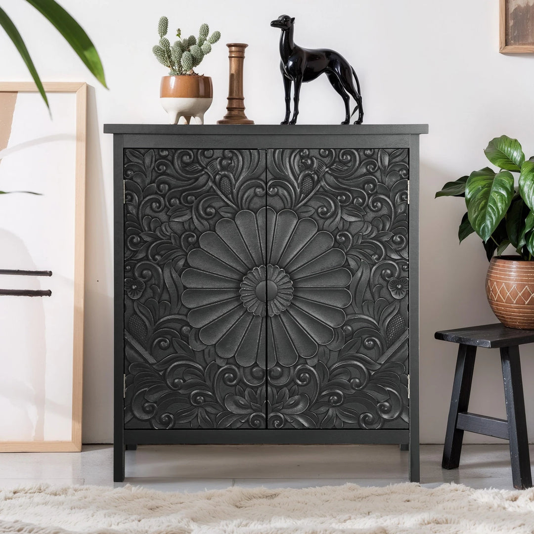 Vintage 2-Door Black Flower Carving Handle Distressed Storage Cabinet