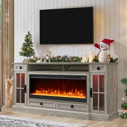 Aira 70"W Farmhouse Fireplace TV Stand with Timer, Wood Media Console for Tvs up to 80" with Fireplace Included