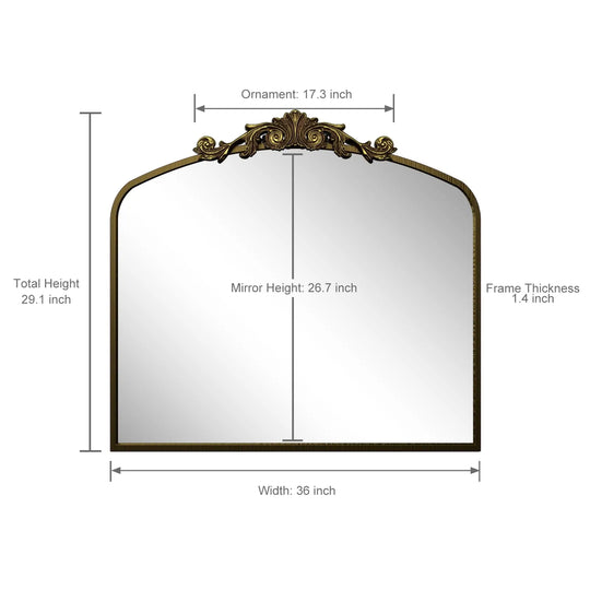 Arched Vintage Wall Mirror and Metal Frame Baroque Style Bathroom Vanity Mirror