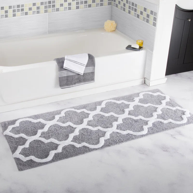 Freida 24X60-Inch Cotton Bathroom Rug with Trellis Pattern and Non-Slip Base - Machine Washable