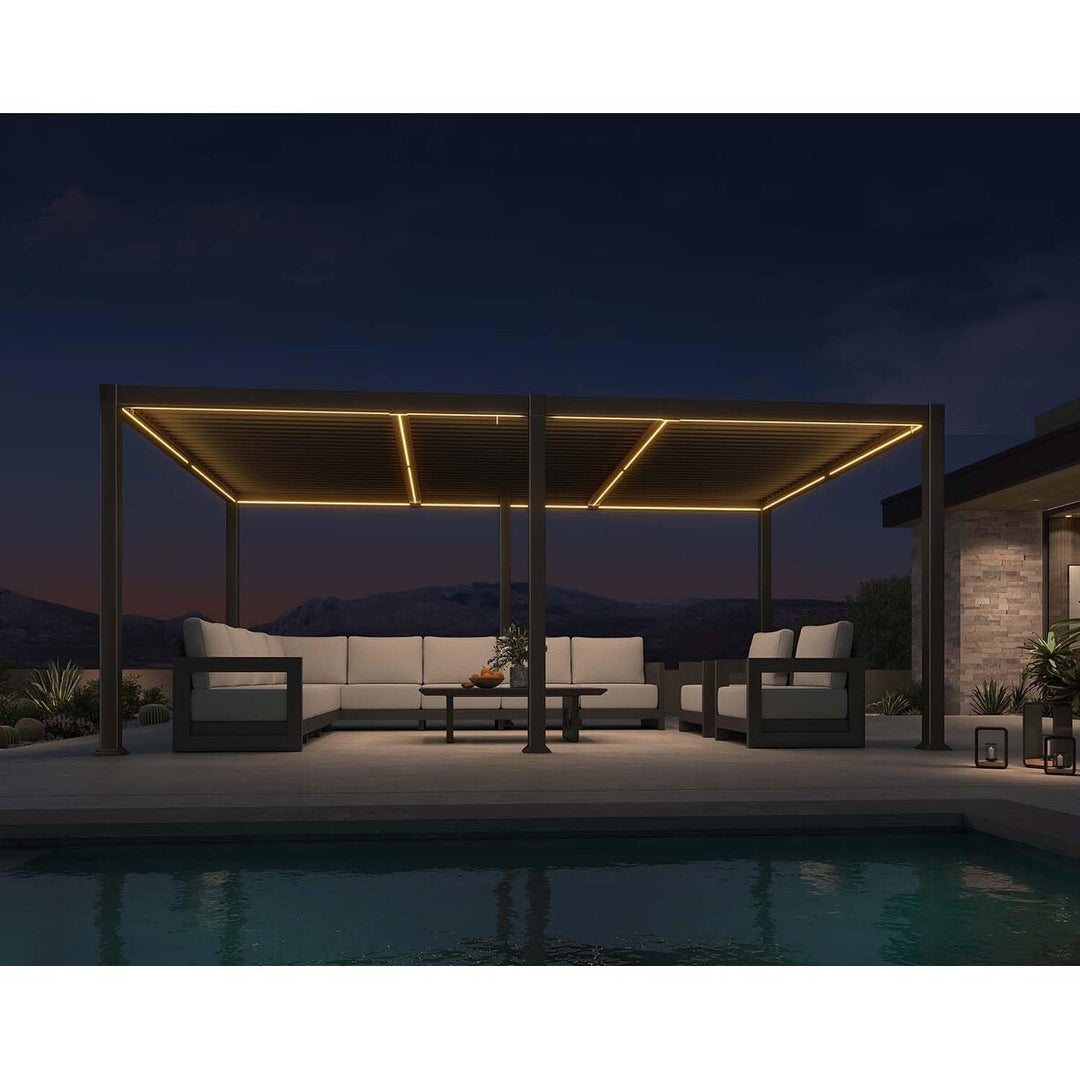 Solar Louvered Pergola with LED String Lights Aluminum Outdoor Pergola with Adjustable Roof for Patio Garden