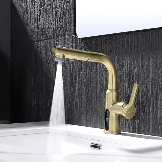 Single Hole Liftable Bathroom Faucet with Temperature Display in Fahrenheit, 3 Water Modes, BF2501
