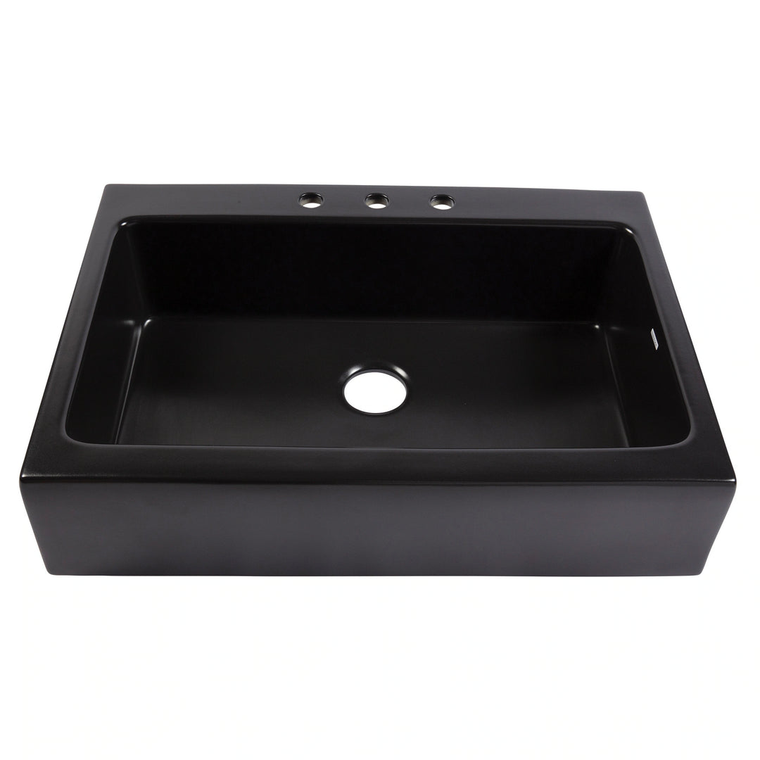 Parker Matte Black Fireclay 34″ Single Bowl Quick-Fit Farmhouse Apron Front Drop-In Kitchen Sink and Drain