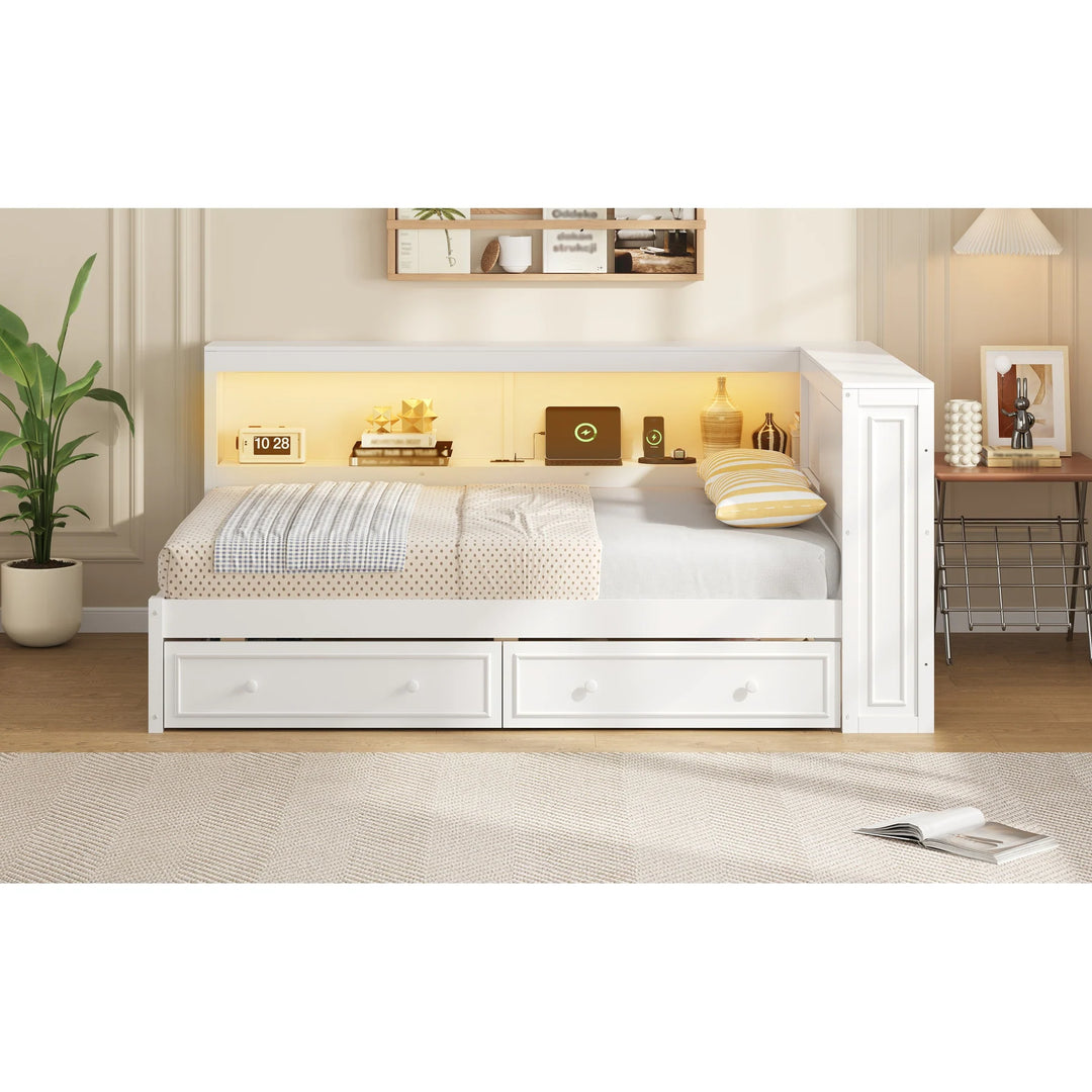 Full Size Wood Daybed with Storage Shelves, USB, LED, and 2 Drawers