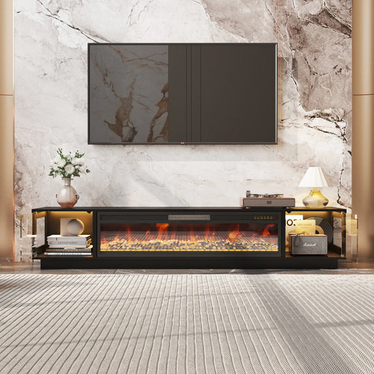 Modern Black Fireplace TV Stand Combo,Remote Fireplace Heater,2 Drawers,Light Strip & USB