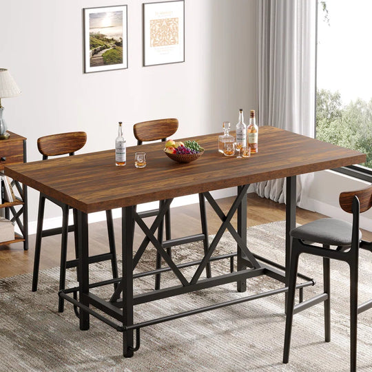 Counter Height Bar Table, 62.99" Long Pub Bar Table with Metal Footrest for Dining Kitchen Breakfast