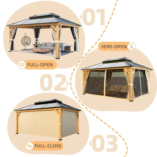 Hardtop Wood Gazebo with Double Roof – Free Dust Cover with 12X16 or 12X20 Model – Waterproof Outdoor Gazebo