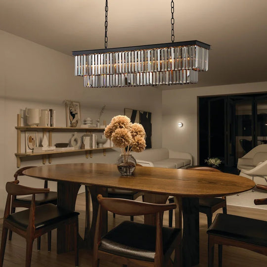 47 In. Smoked Gray and Black Modern Contemporary Crystal Chandelier 2-Tier Linear Kitchen Island Pendant Light for Dining Room