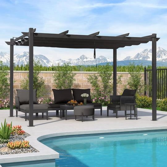 Gazebo Outdoor Retractable White Heavy-Duty Aluminum Pergola with Extra Top Roof