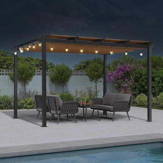 Gazebo Outdoor Retractable White Heavy-Duty Aluminum Pergola with Extra Top Roof