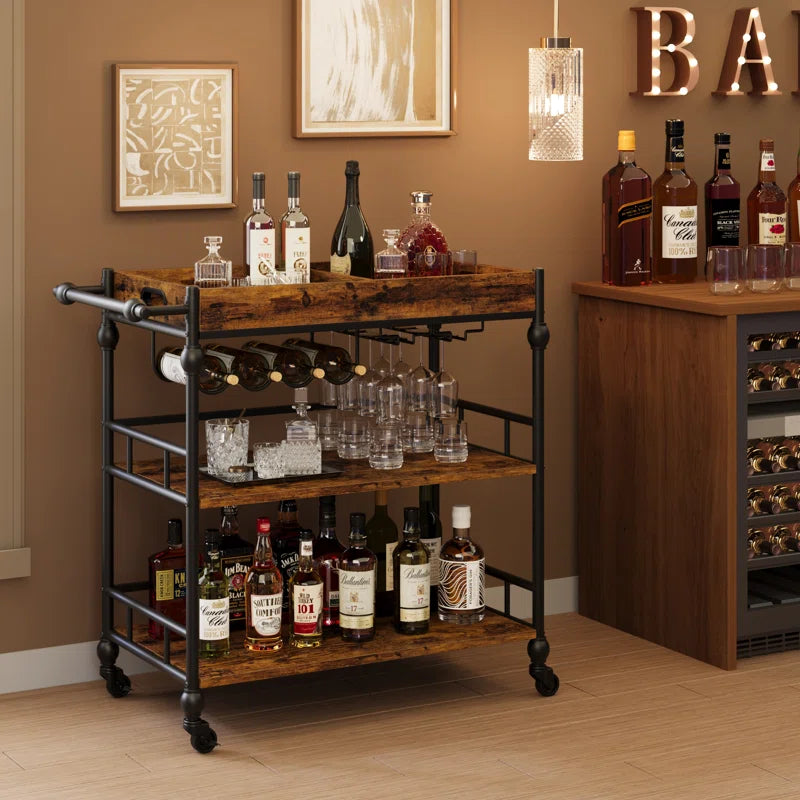 Serving Bar Cart for Home with Wine Rack & Glass Holders, Drink Trolley on Wheels