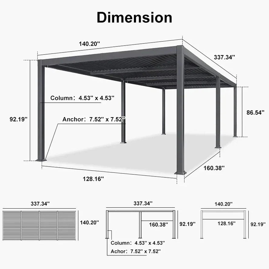 Solar Louvered Pergola with LED String Lights Aluminum Outdoor Pergola with Adjustable Roof for Patio Garden