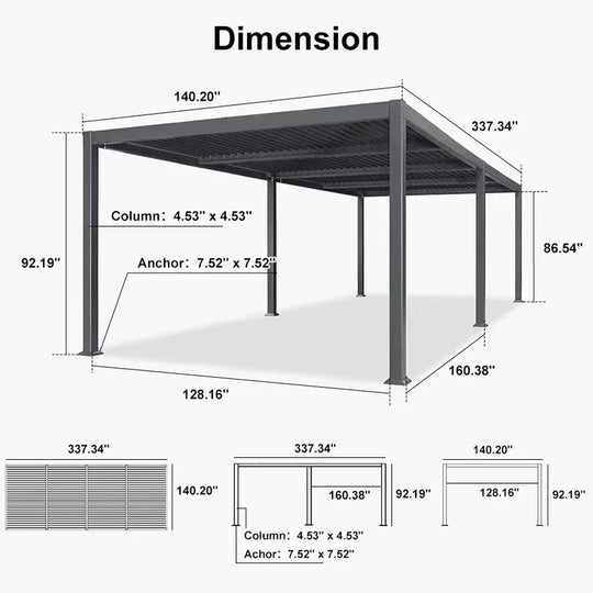 Solar Louvered Pergola with LED String Lights Aluminum Outdoor Pergola with Adjustable Roof for Patio Garden
