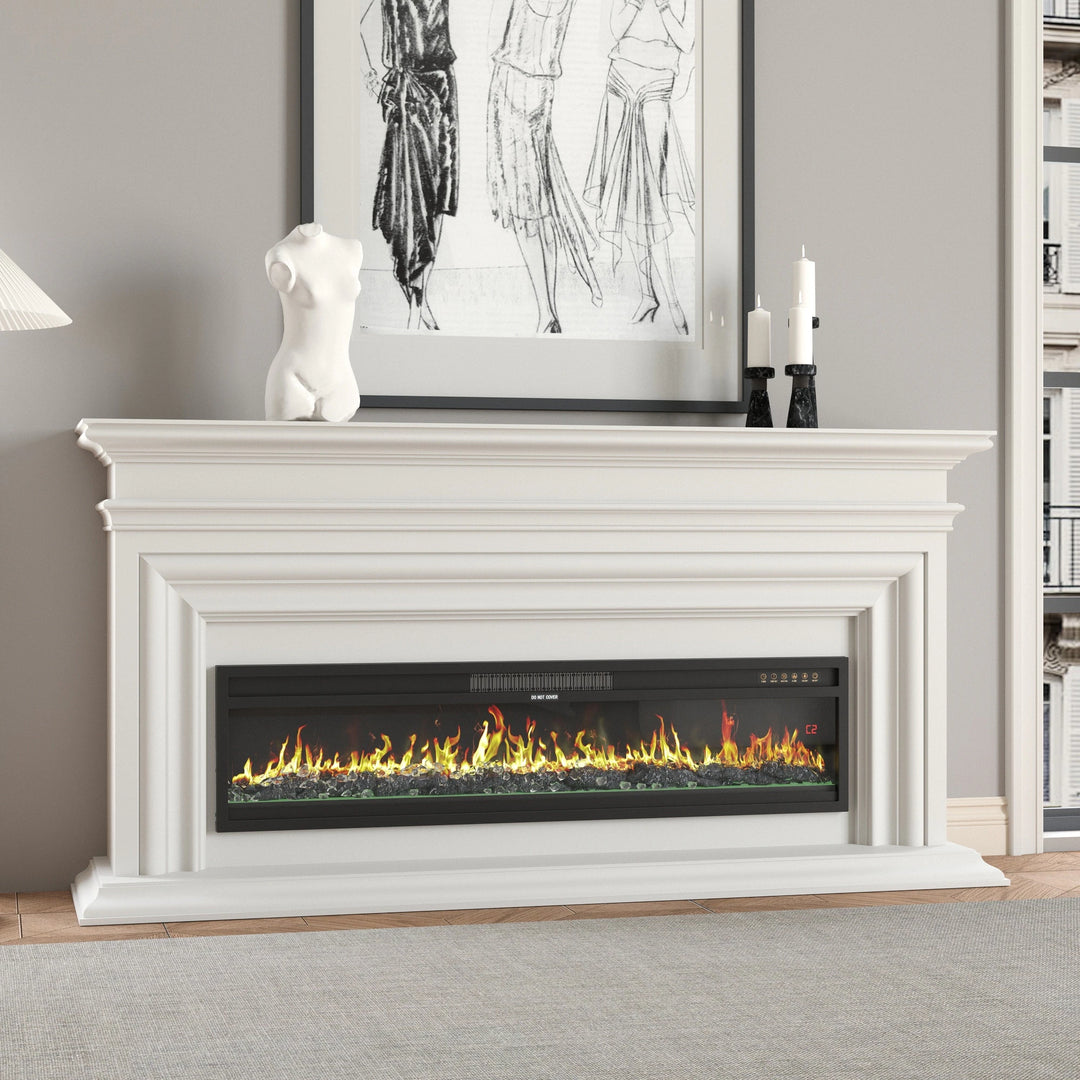 Modern Black Fireplace TV Stand Combo,Remote Fireplace Heater,2 Drawers,Light Strip & USB