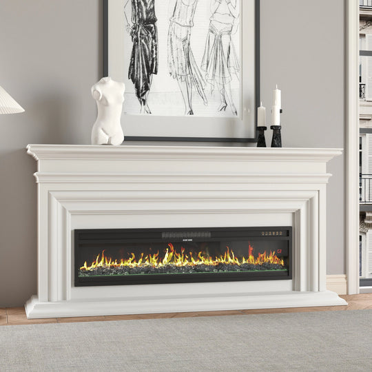 Modern Black Fireplace TV Stand Combo,Remote Fireplace Heater,2 Drawers,Light Strip & USB