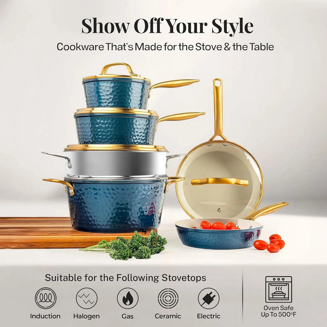 Pro Hammered 20 Piece Ceramic Nonstick Induction Cookware and Bakeware Pots and Pans Set