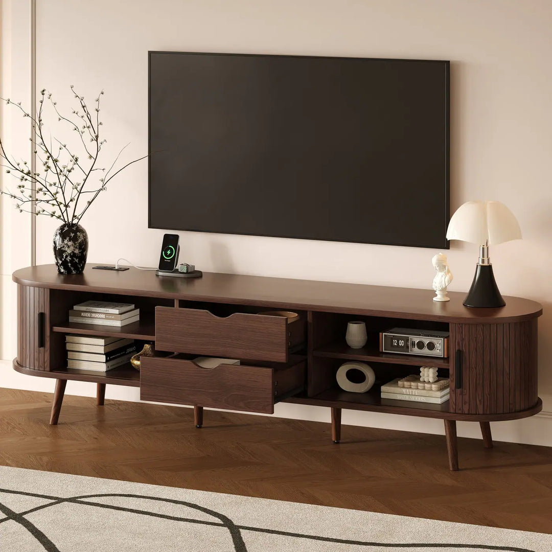 70 in Modern TV Stand with Rattan Doors - N/A