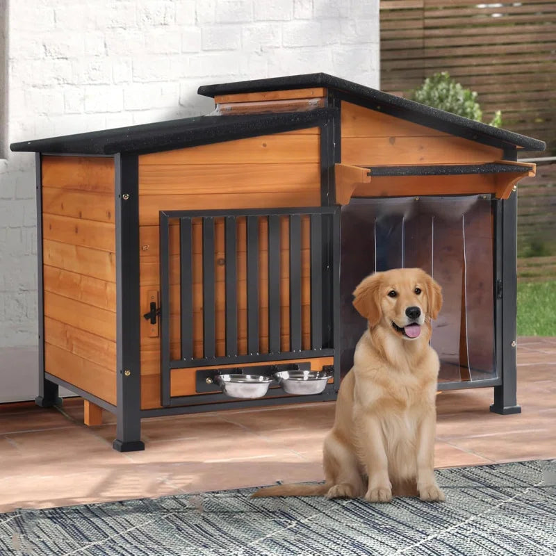 Dog House Outdoor Dog Kennel with Chew-Proof Metal Frame, Rotating Food Bowl, Pvc Door Curtain, Weatherproof for Small Medium Dogs, 39.7" L X 25.5" W X 32.2" H