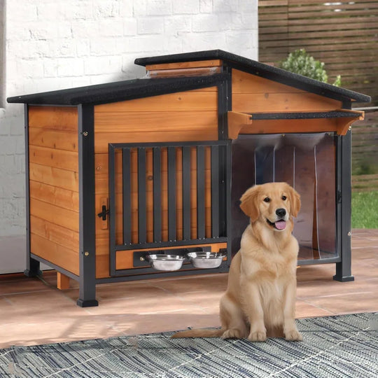 Dog House Outdoor Dog Kennel with Chew-Proof Metal Frame, Rotating Food Bowl, Pvc Door Curtain, Weatherproof for Small Medium Dogs, 39.7" L X 25.5" W X 32.2" H