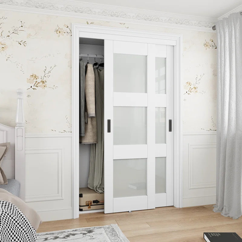 80"H 3-Lite Frosted Tempered Glass Sliding Closet Door with Hardware Kit & Handles