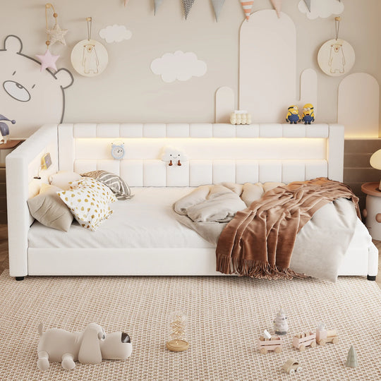 Upholstered Low-Profile Daybed Platform Bed Built-In USB Ports and LED Light Belt, Grounded Design with Padded Backrest