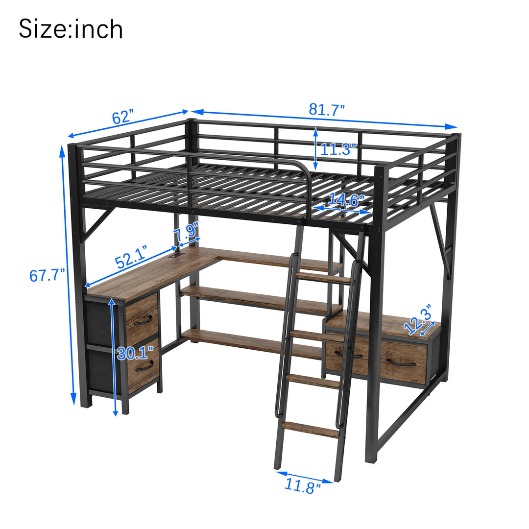 Full/Queen Size Metal Loft Bed with Desk, LED Lights, USB Ports, Shelves, Drawers, and Wardrobe, Black