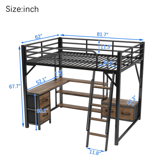 Full/Queen Size Metal Loft Bed with Desk, LED Lights, USB Ports, Shelves, Drawers, and Wardrobe, Black