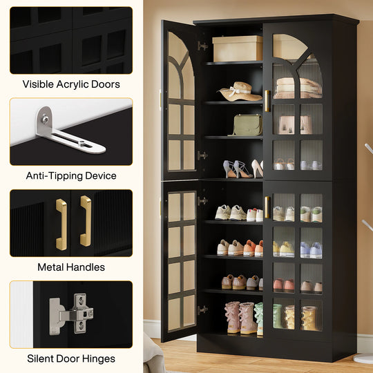 35 Pairs Tall Shoe Storage Cabinet with Doors, 8 Tiers Shoe Rack Organizer with LED Light and Adjustable Shelves for Entryway