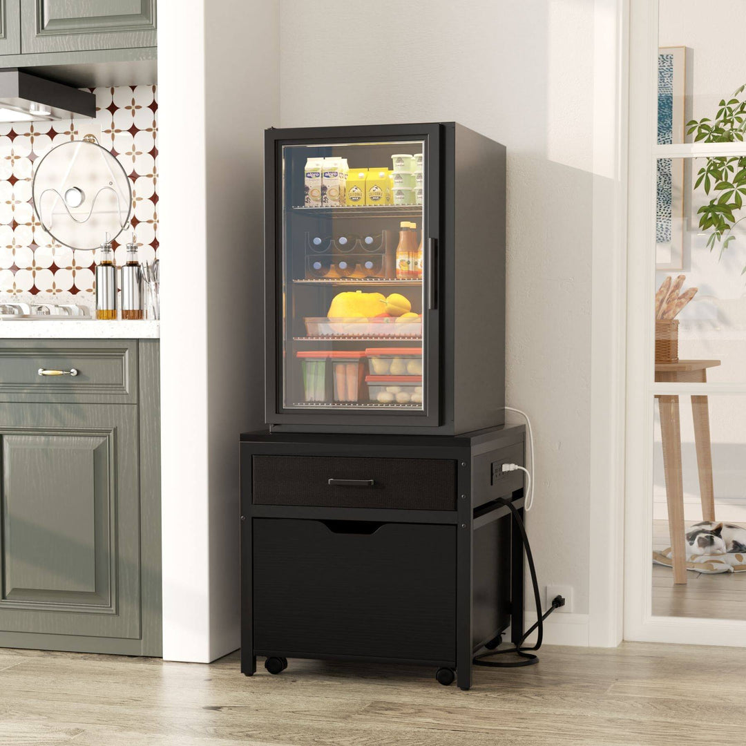 Mini Fridge Stand with Charge Station, Side/ End Table with Storage Drawers and Rolling Cabinet