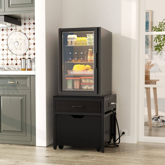 Mini Fridge Stand with Charge Station, Side/ End Table with Storage Drawers and Rolling Cabinet