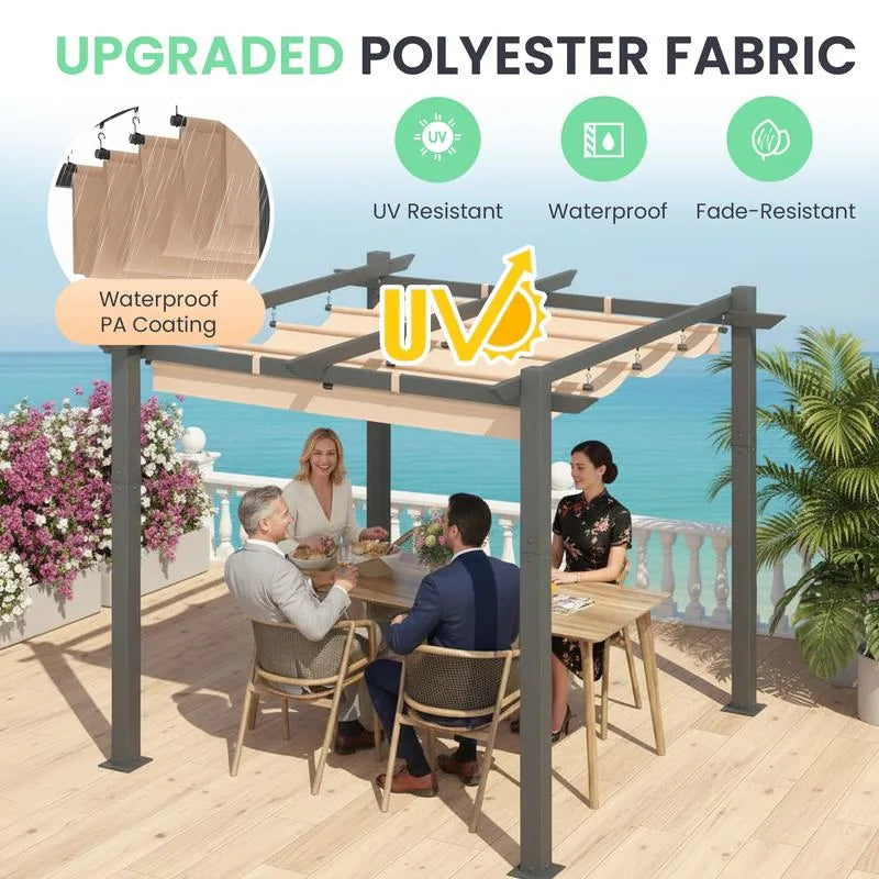 10' X 13' Outdoor Pergola with Retractable Canopy, Heavy-Duty Metal Frame and Adjustable Patio Shade Roof