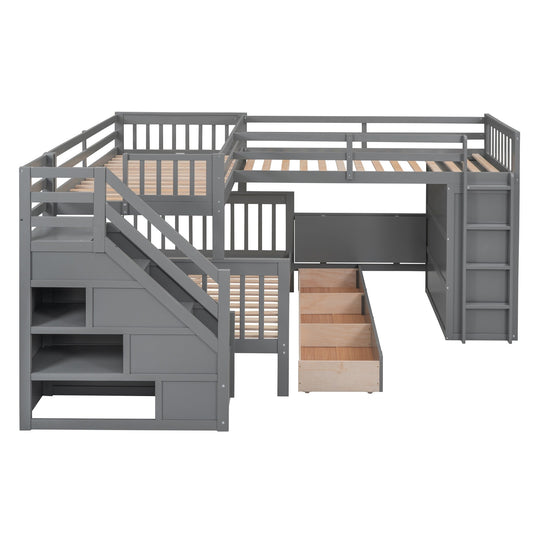 L-Shaped Bunk Bed with Three Drawers, Portable Desk and Wardrobe, Twin-Twin over Full Design