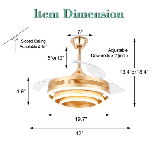 42In. DIY Shape Retractable Ceiling Fan with Lights, 6-Speed DC Motor Modern Ceiling Fan with LED Light and Remote