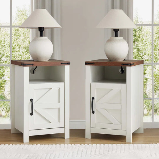 Farmhouse Night Stands with Charging Station, Set of 2, Bedside Table with Barn Door, End Table with Open Storage for Bedroom